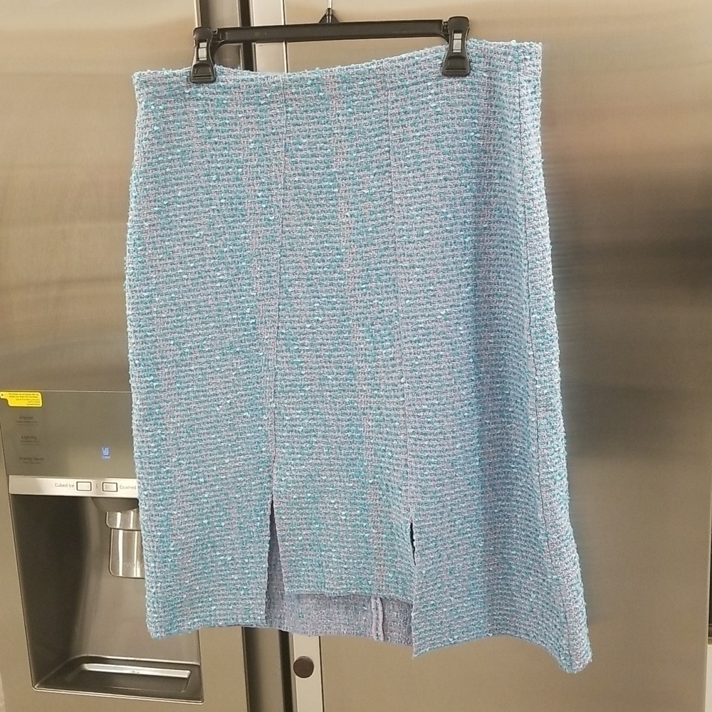 💕ST. JOHN💕 Cotton Blend Confetti Tweed Boucle Metallic Knit Midi Skirt Blue 12